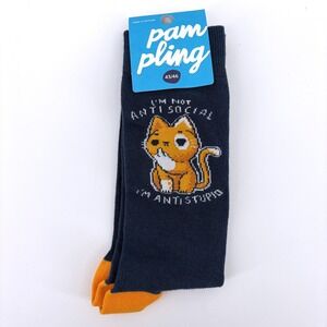 Pampling Cat Crew Socks XL Eur 43–46 Unisex Anime Design Navy Yellow Funny Gift